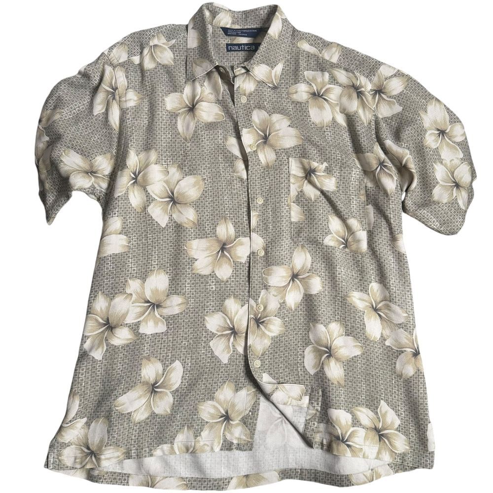 Vintage Nautica Silk Camp Shirt Men Size‎ M Floral Tropical Print Hawaiian